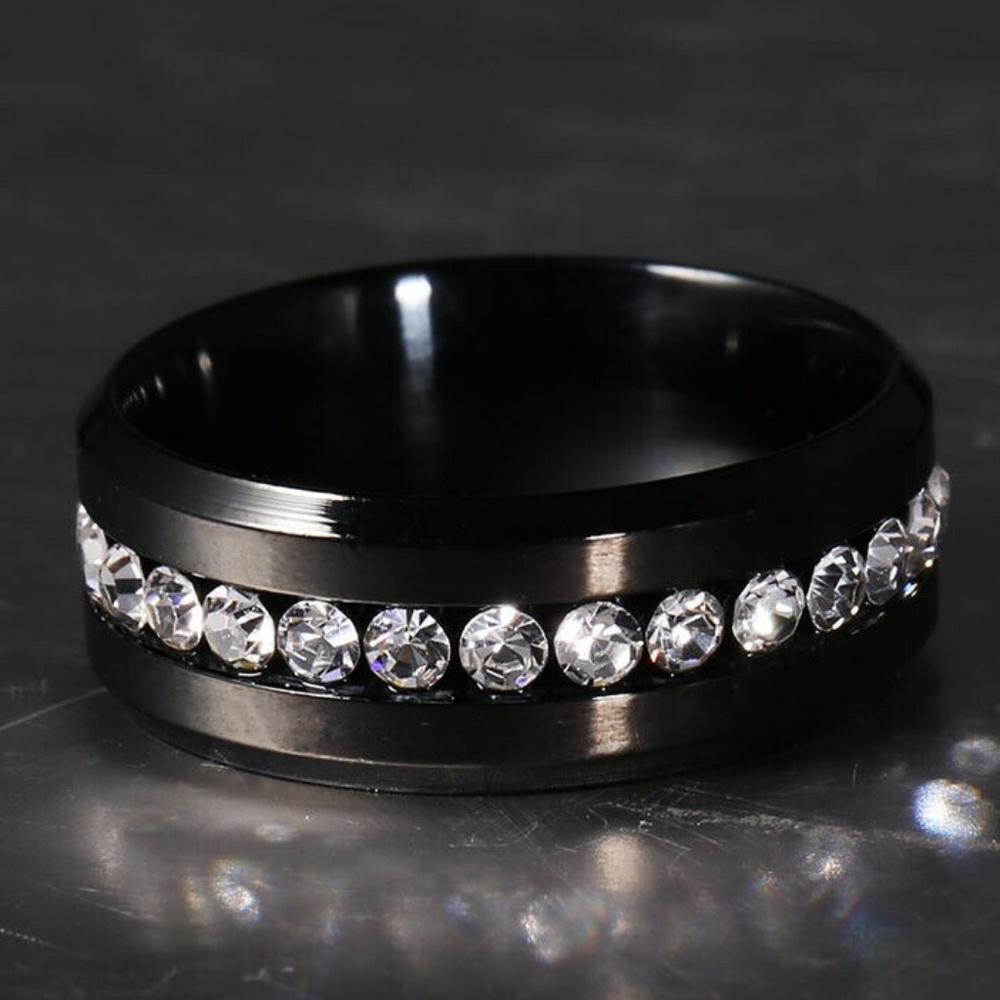 Black Stainless Steel ring with Crystals Size 8
